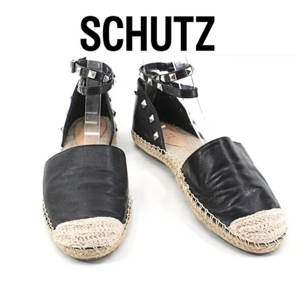 SCHUTZ Shoes - Schutz Koralina Black Leather Studded Espadrille Flats Ankle Wrap Straps SZ 8